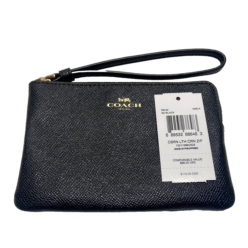 Coach F58032 Corner Zip Crossgrain Leather Wristlet Midnight Black NWT Gift Box